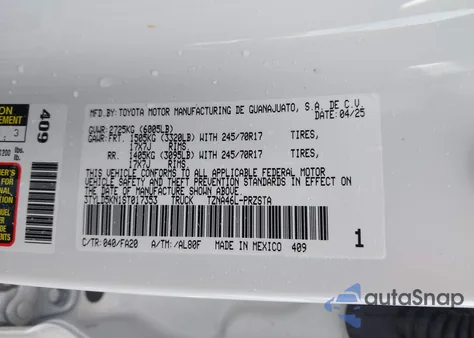 2025 Toyota Tacoma Sr z USA, uszkodzony, nr VIN 3TYLD5KN1ST017353